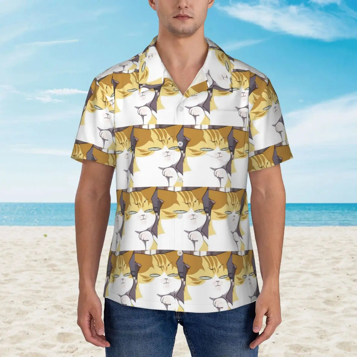 Camisa de manga corta para hombre con forma de gato Eleceed Kayden, estilo hawaiano, para la playa, con botones