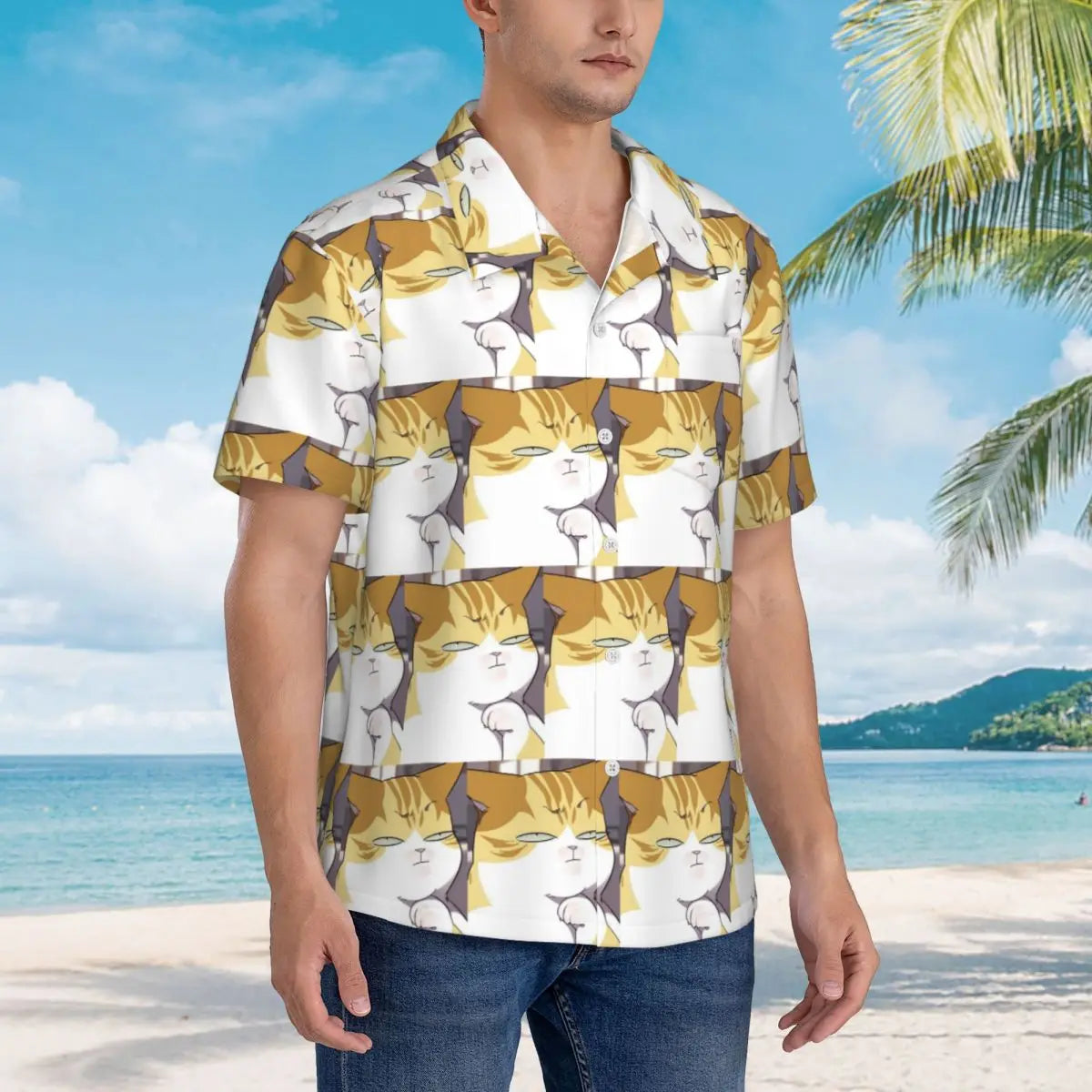 Camisa de manga corta para hombre con forma de gato Eleceed Kayden, estilo hawaiano, para la playa, con botones